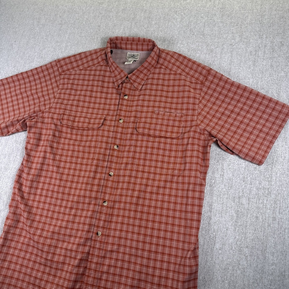 LL Bean Shirt Men XL Reg Stretch Red Short sleeve Vented Fish Outdoor Hike